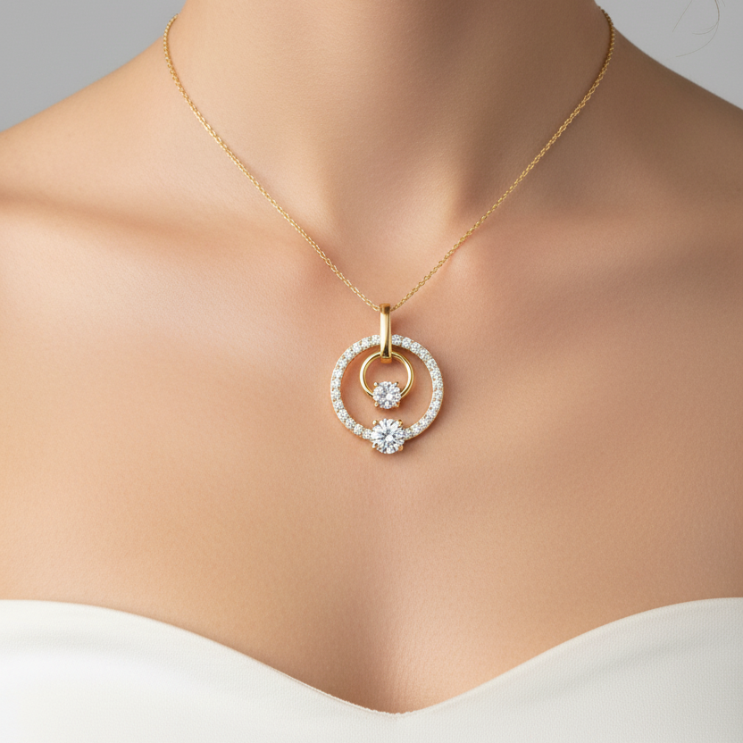 14K Solid Gold Hanging Tow Circle Diamond Necklace