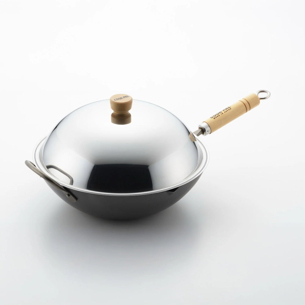 Yoshikawa 36cm Carbon Steel Wok with Stainless Steel Lid – Made in Japan
