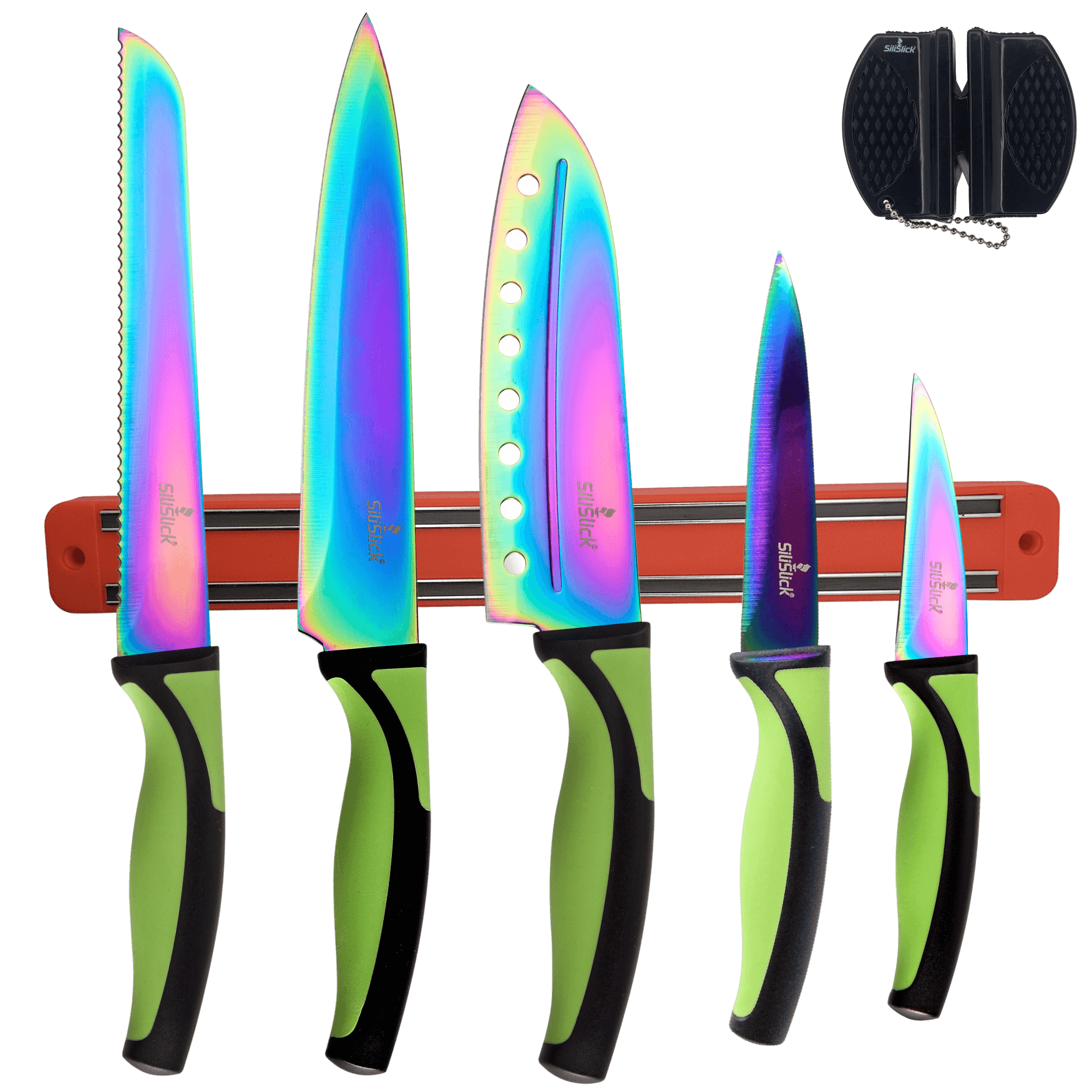 Kitchen Knife Set Kit | Green Handle & Red Magnetic Rack