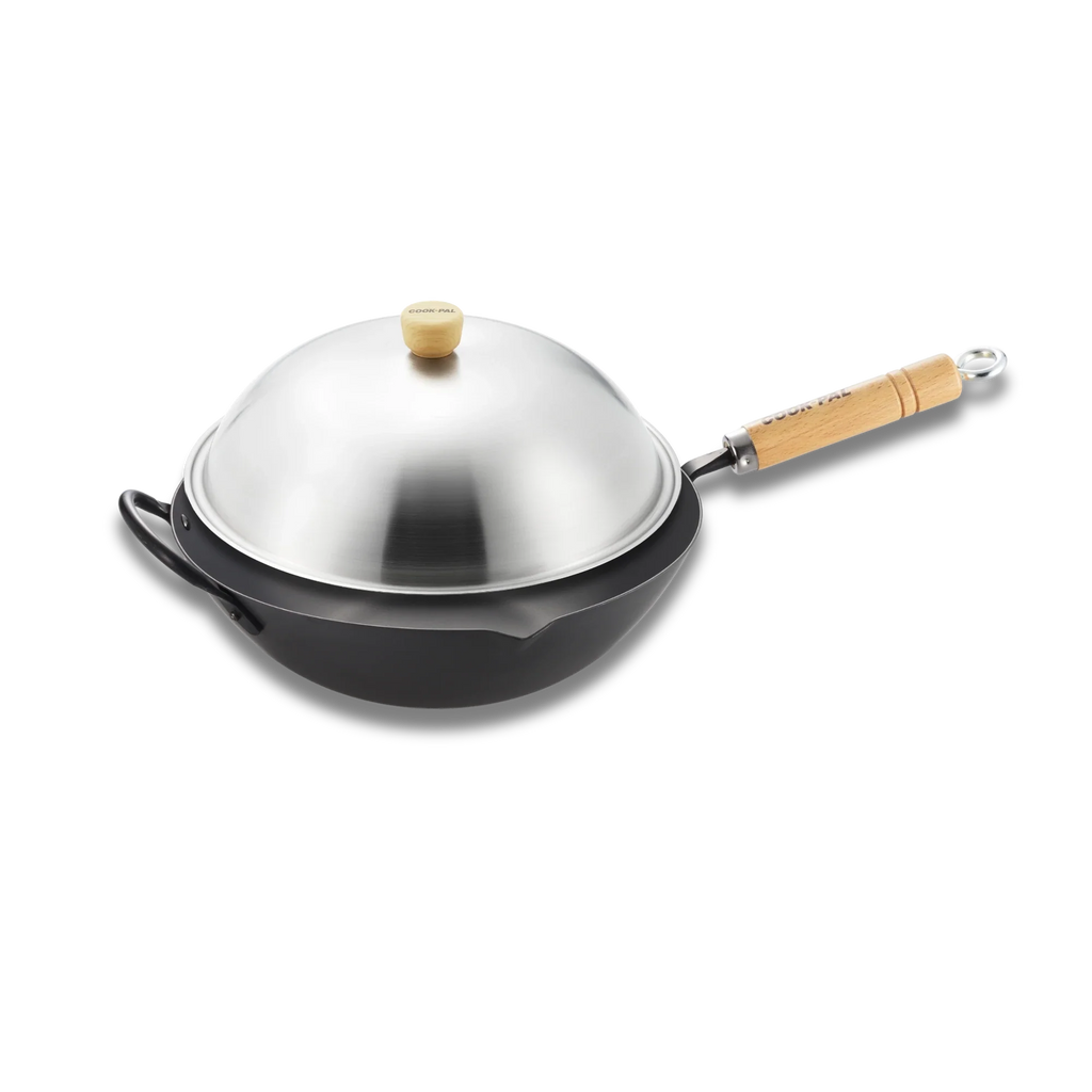 Yoshikawa 36cm Carbon Steel Wok with Stainless Steel Lid – Made in Japan