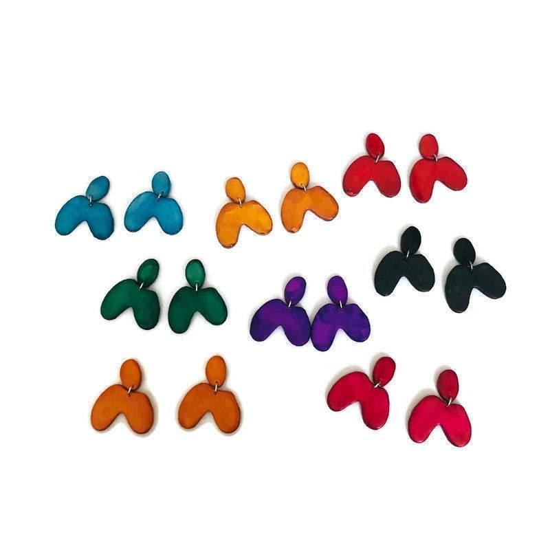 Bright Blue Arch Earrings, Funky Neon 70s Earrings Post or Clip Ons- "Kate"