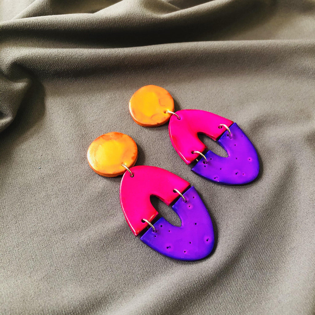 Colorful Extra Large Statement Earrings Handmade from Clay & Painted Bold Colors- "Zoe""
