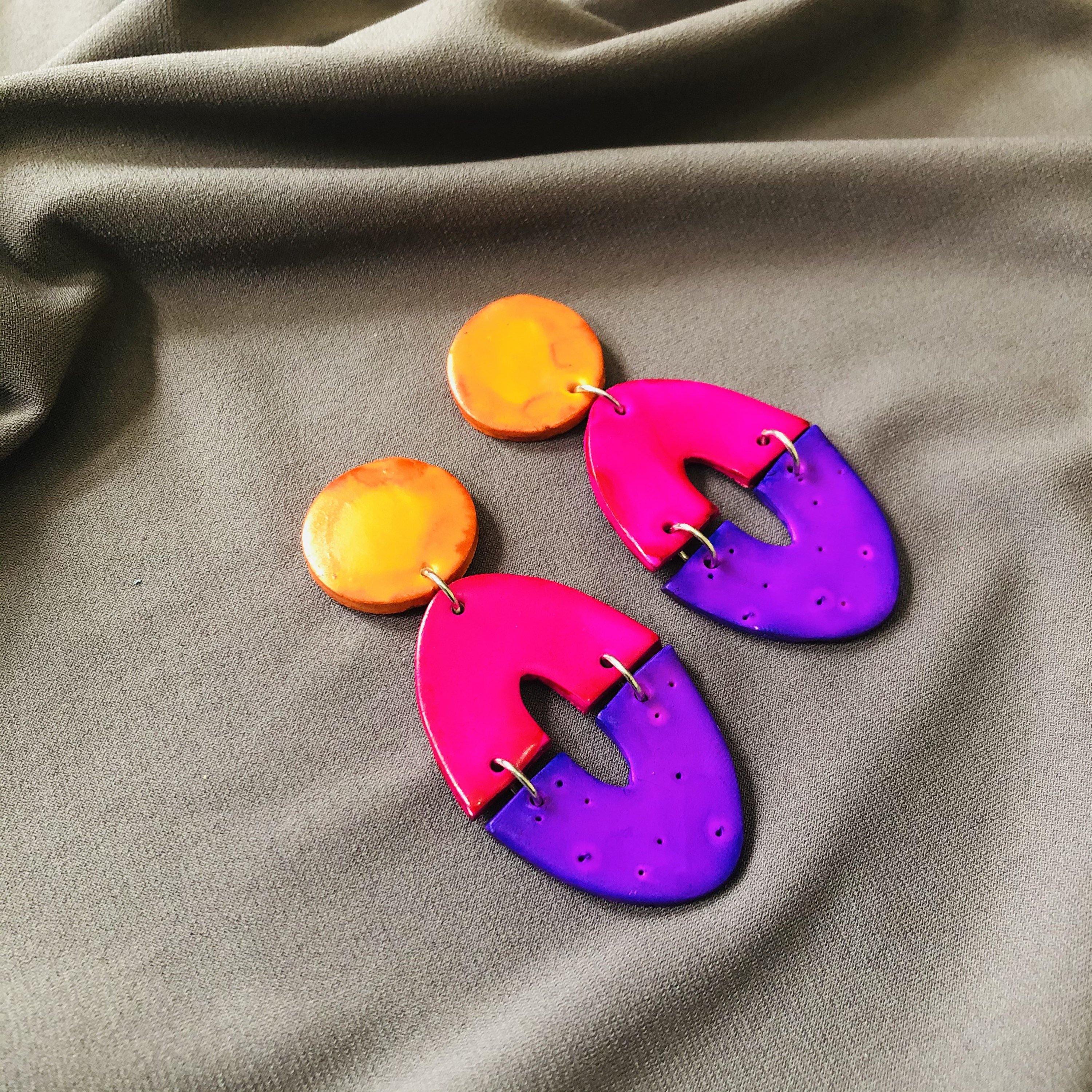 Colorful Extra Large Statement Earrings Handmade from Clay & Painted Bold Colors- "Zoe""