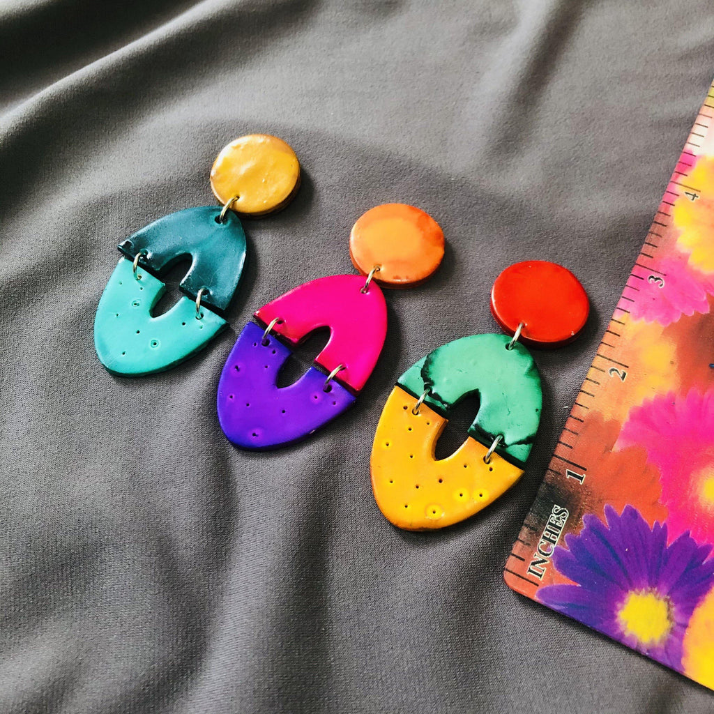 Colorful Extra Large Statement Earrings Handmade from Clay & Painted Bold Colors- "Zoe""