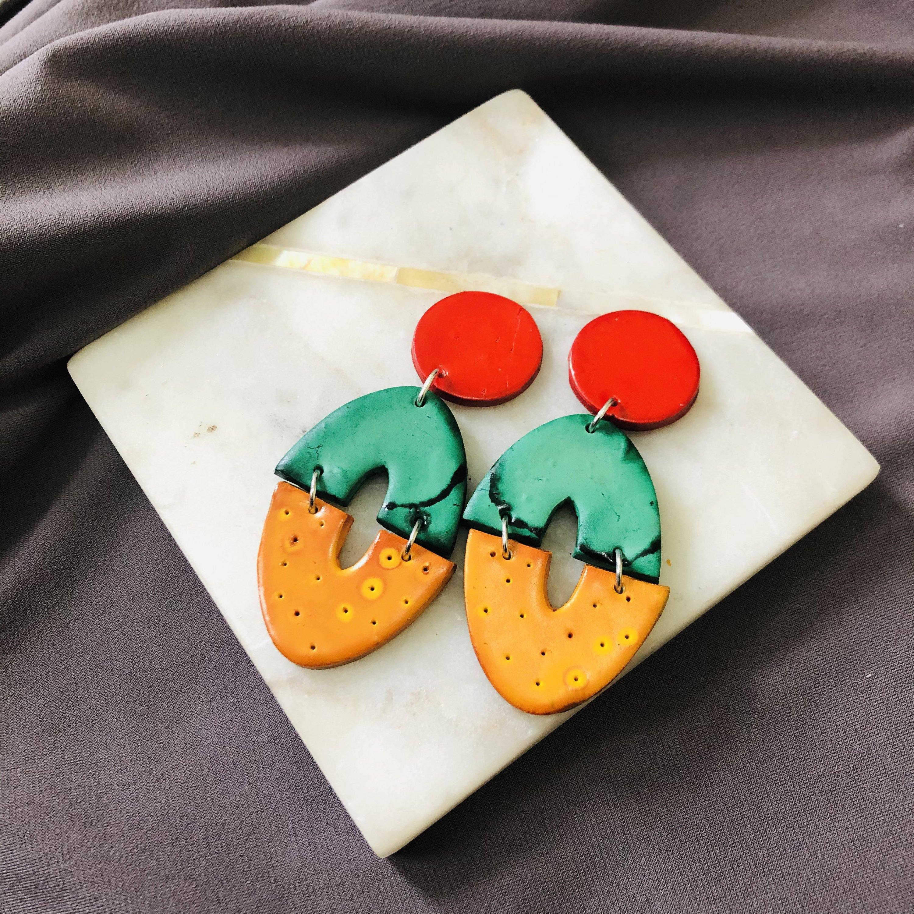 Colorful Extra Large Statement Earrings Handmade from Clay & Painted Bold Colors- "Zoe""