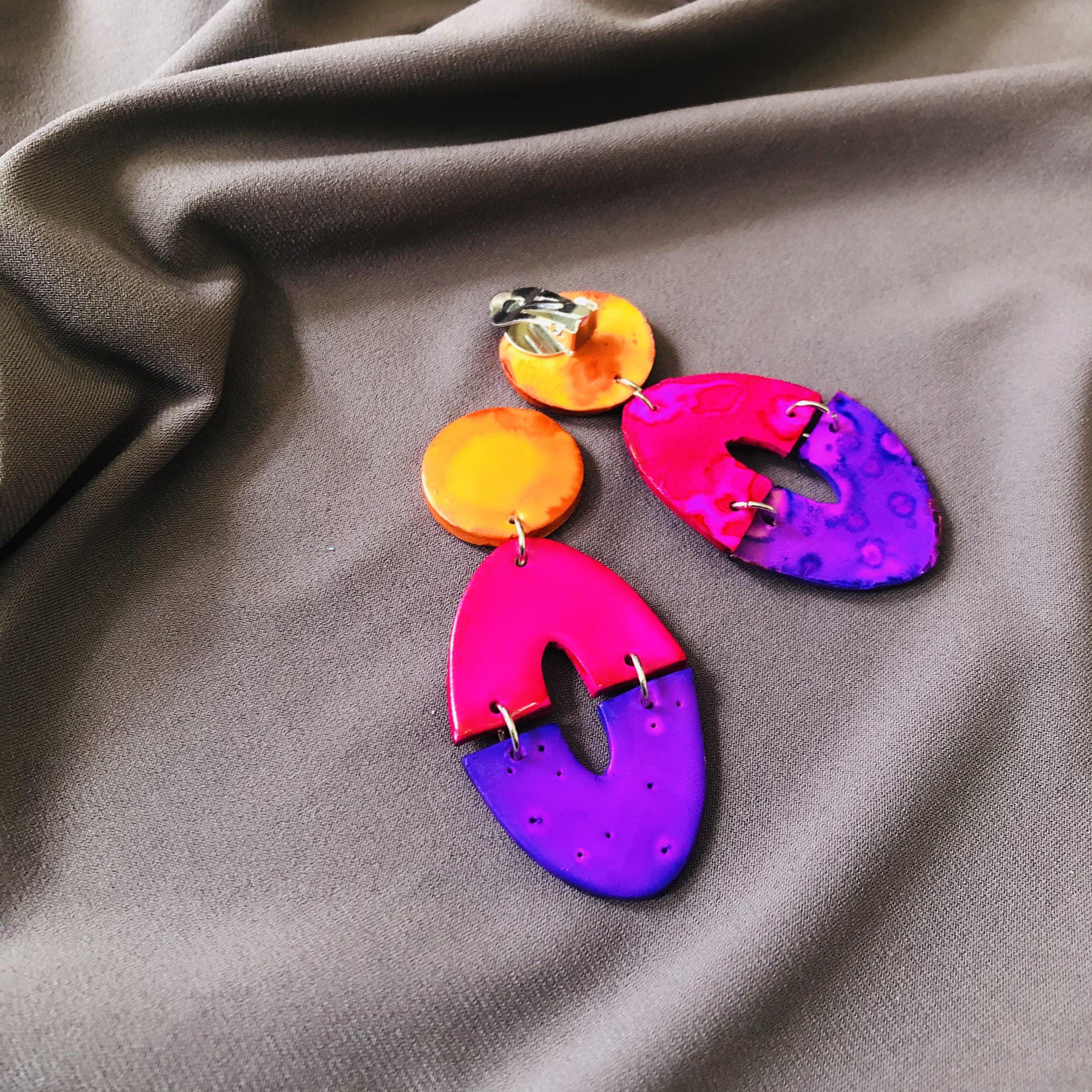 Colorful Oversized Clip On Earrings, Big Bold Chunky Clay Geometric Drop Dangles- "Zoe"