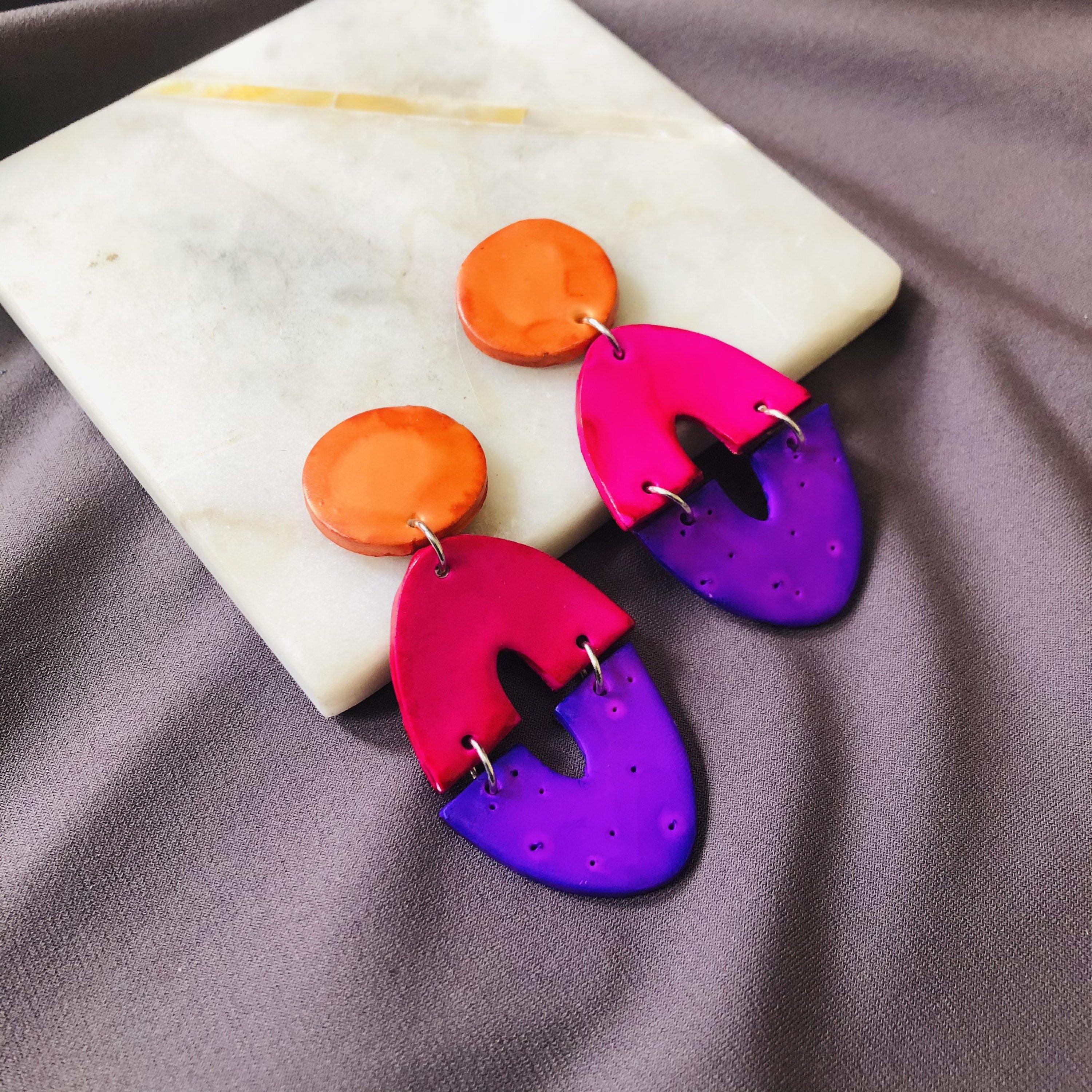 Colorful Oversized Clip On Earrings, Big Bold Chunky Clay Geometric Drop Dangles- "Zoe"