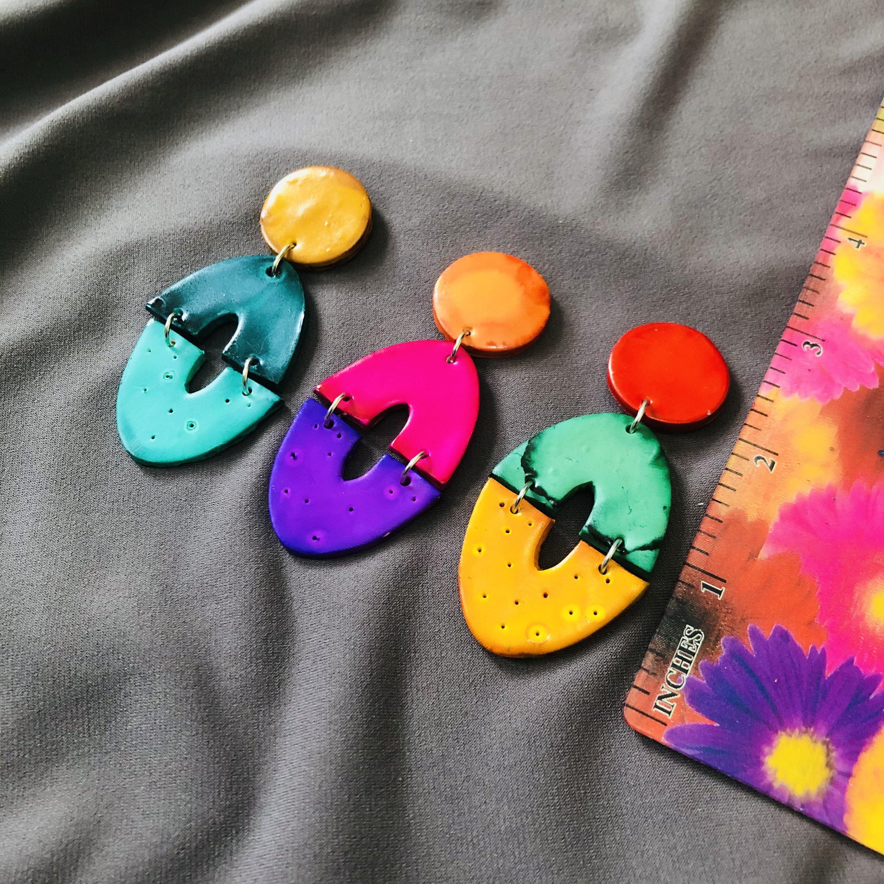 Colorful Oversized Clip On Earrings, Big Bold Chunky Clay Geometric Drop Dangles- "Zoe"