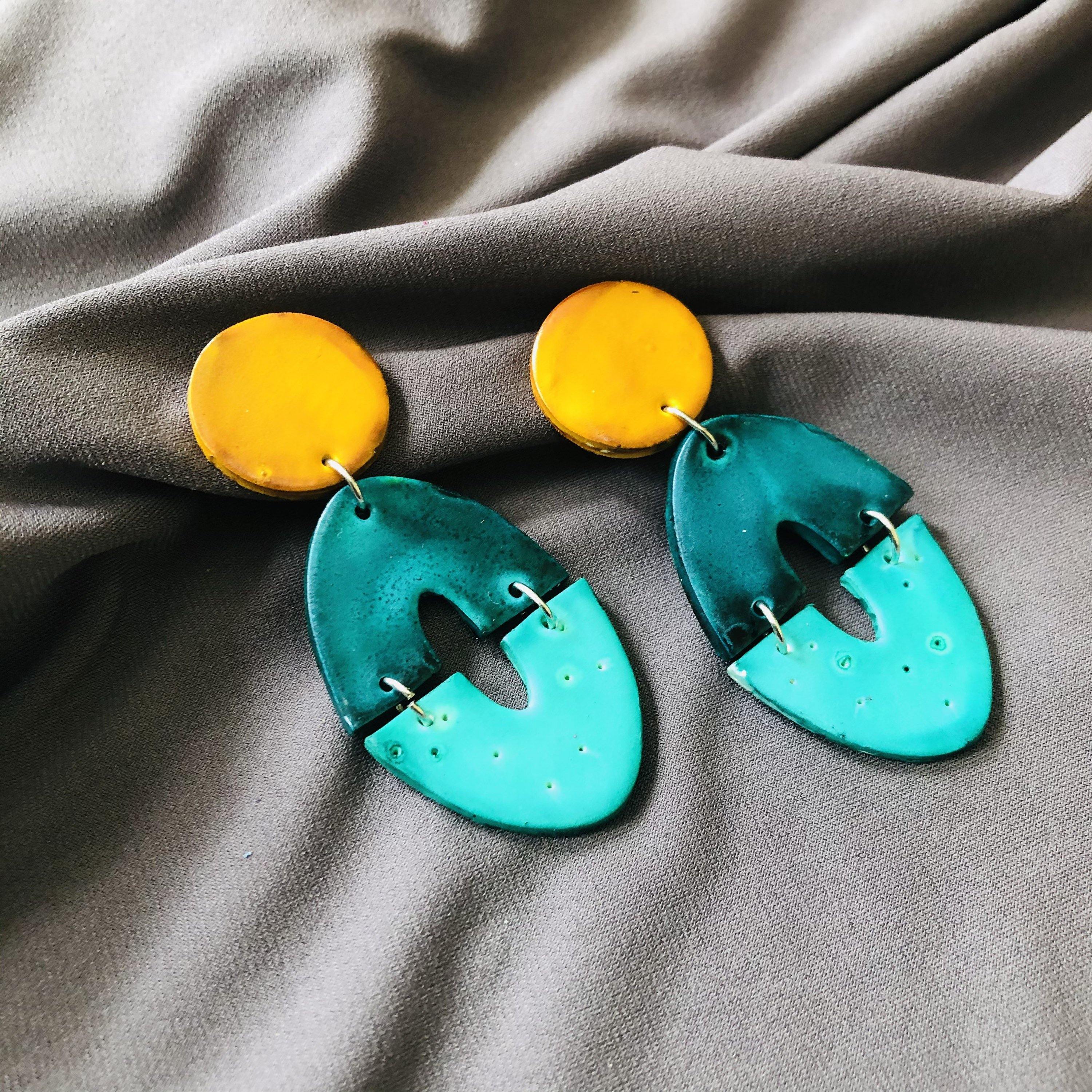 Colorful Oversized Clip On Earrings, Big Bold Chunky Clay Geometric Drop Dangles- "Zoe"
