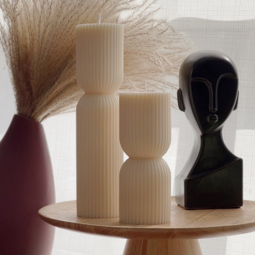 Ribbed Hourglass Pillar Candle: Sculptural Soy Wax Candle
