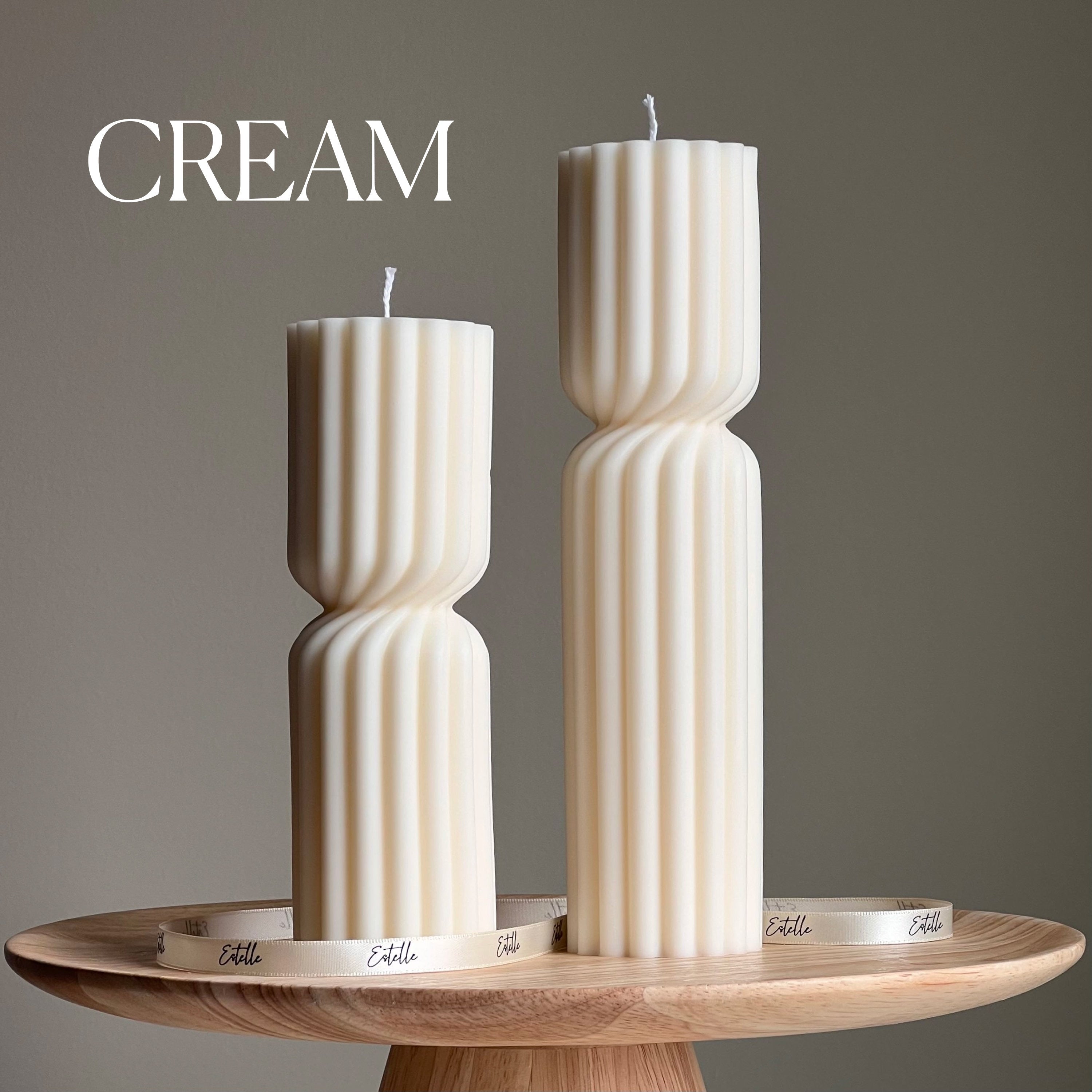 Set of 2 Ribbed Hourglass Pillar Candle Set: Sculptural Soy Wax Candles