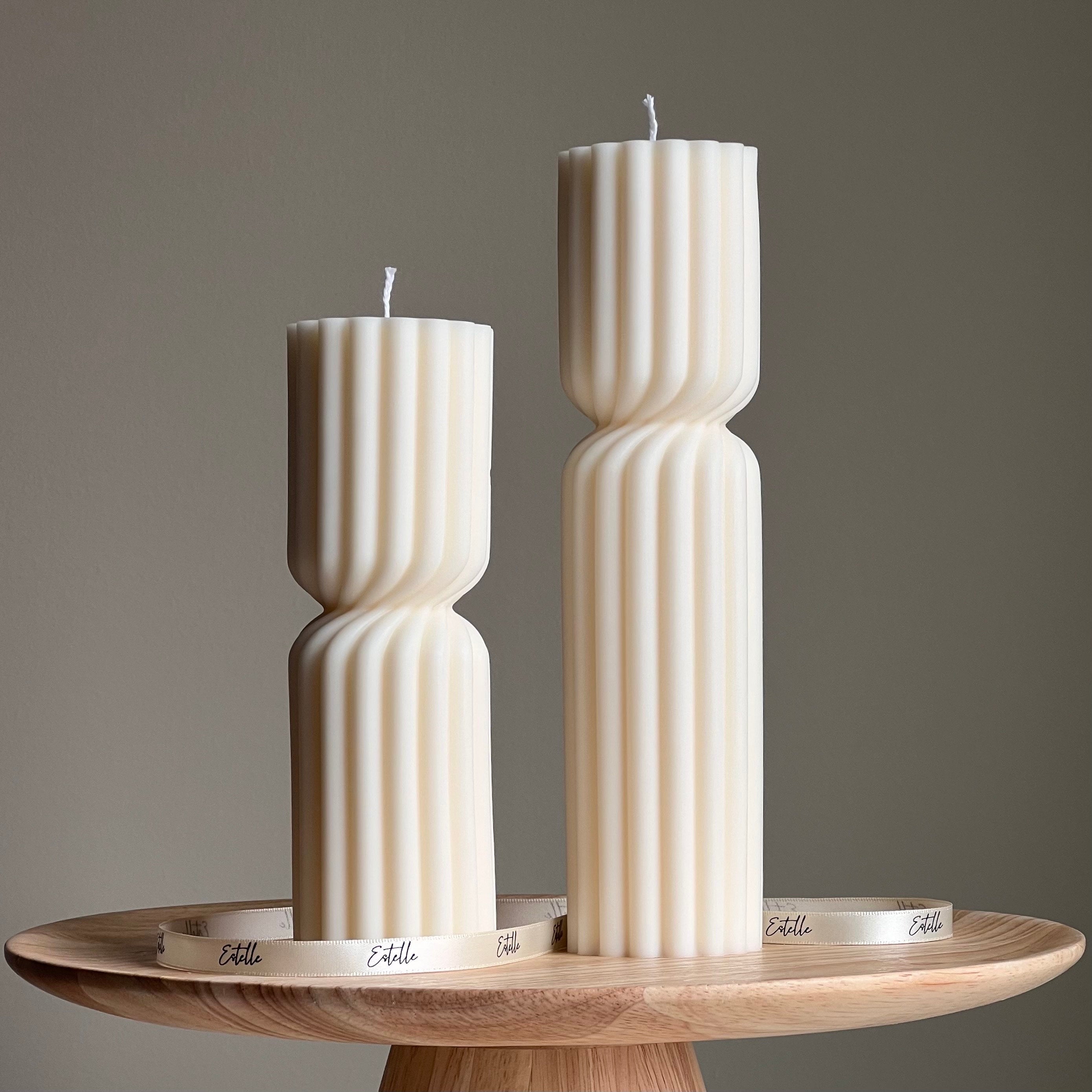 Set of 2 Ribbed Hourglass Pillar Candle Set: Sculptural Soy Wax Candles