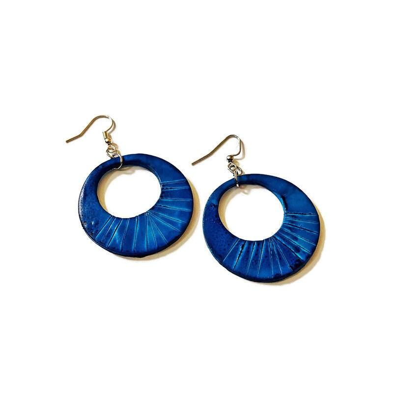 Sky Blue Hoop Earrings, Polymer Clay Earrings Hand Painted