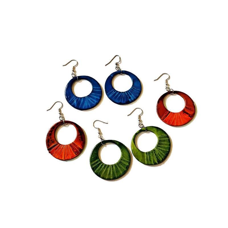 Sky Blue Hoop Earrings, Polymer Clay Earrings Hand Painted