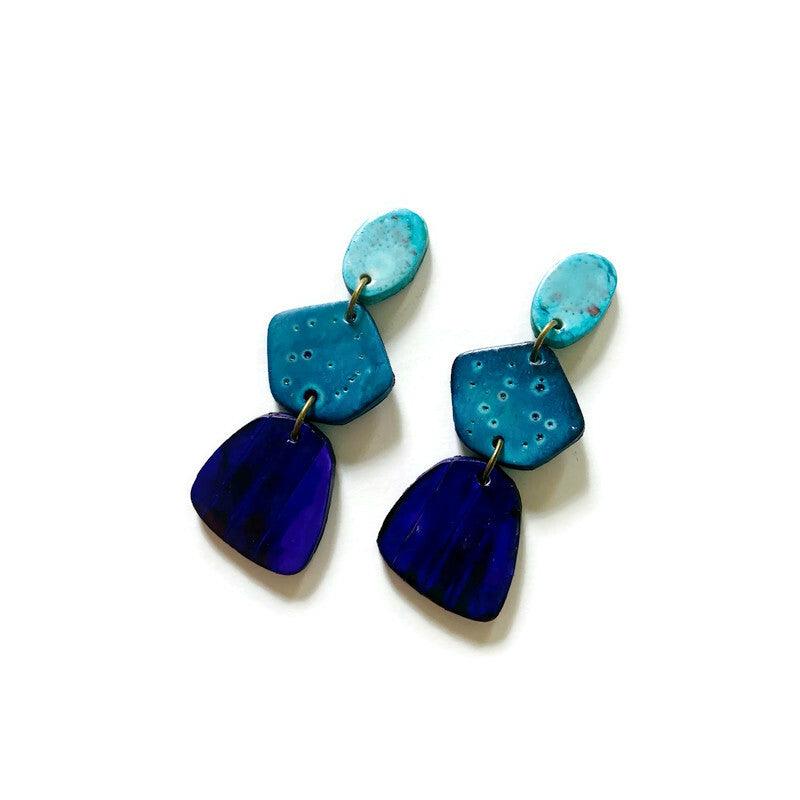 Tri Tone Blue Statement Earrings Handmade, Post or Clip Ons