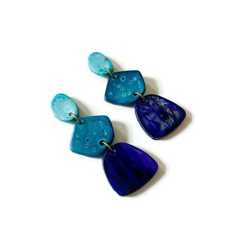 Tri Tone Blue Statement Earrings Handmade, Post or Clip Ons