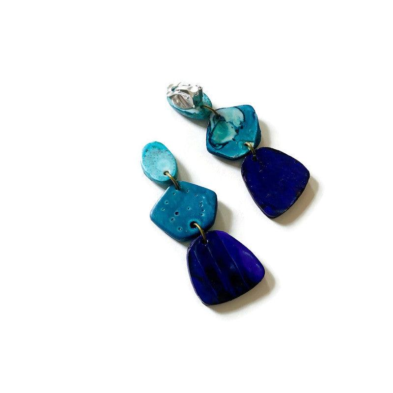 Tri Tone Blue Statement Earrings Handmade, Post or Clip Ons