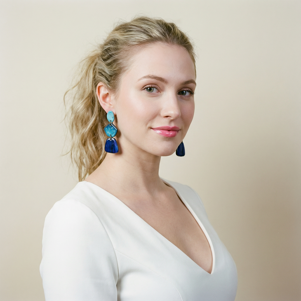 Tri Tone Blue Statement Earrings Handmade, Post or Clip Ons