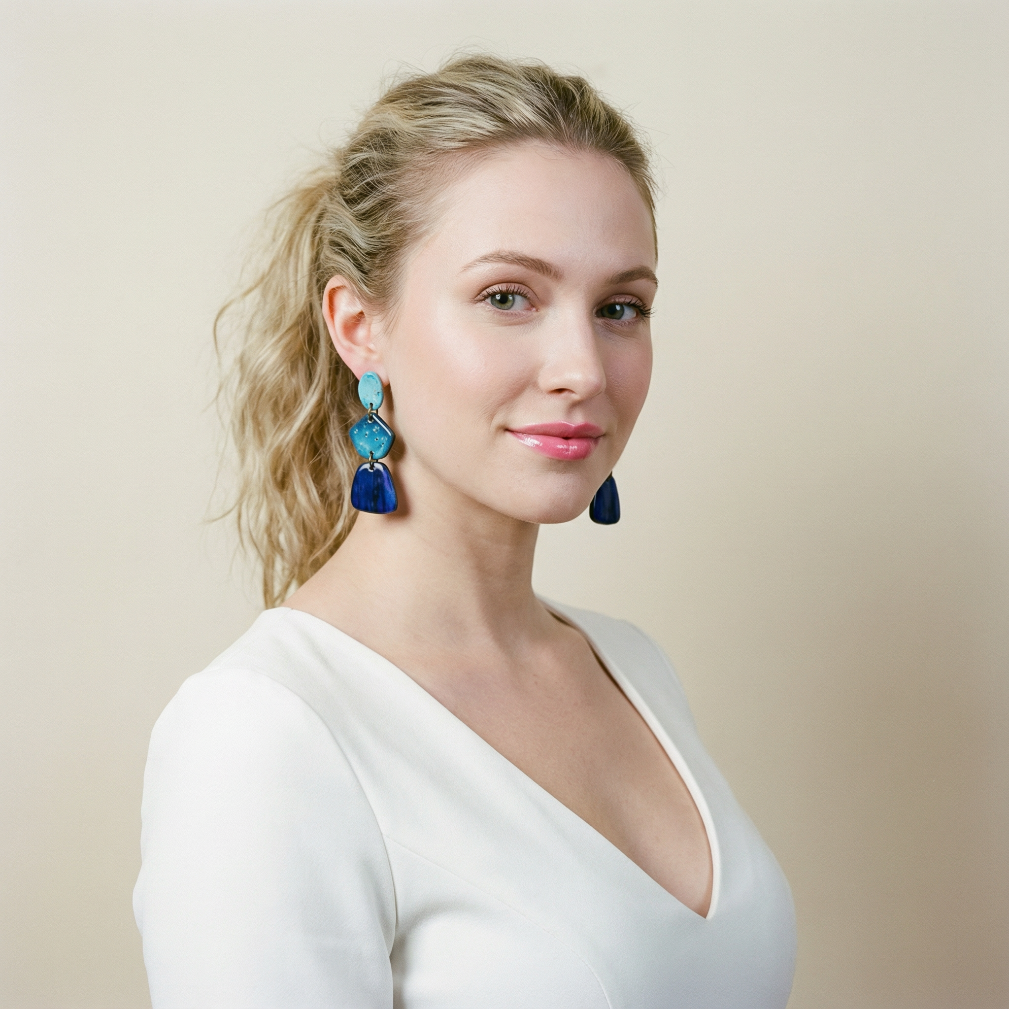 Tri Tone Blue Statement Earrings Handmade, Post or Clip Ons